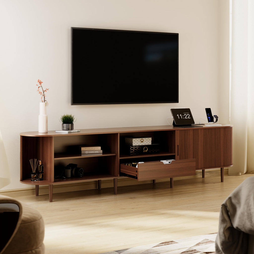 86.6" Fluted TV Stand with Power Outlet for TVs up to 90", TV Console with Adjustable Shelves and Sliding Door, Mid
