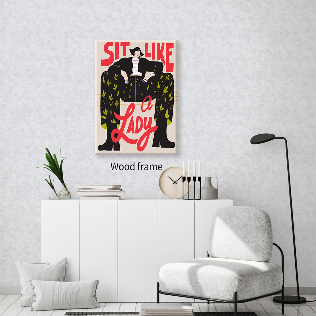 Funky Feminist Wall Art Vintage Trendy Equal Rights Canvas Poster 12x16 inch Framed Modern Girly Sit Like A Lady