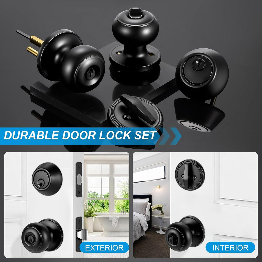 5 Pack Front Door Lock Set Matte Black,Exterior Door Lock Set with Deadbolt,Single Cylinder Deadbolt Lock and Door - Door Knob