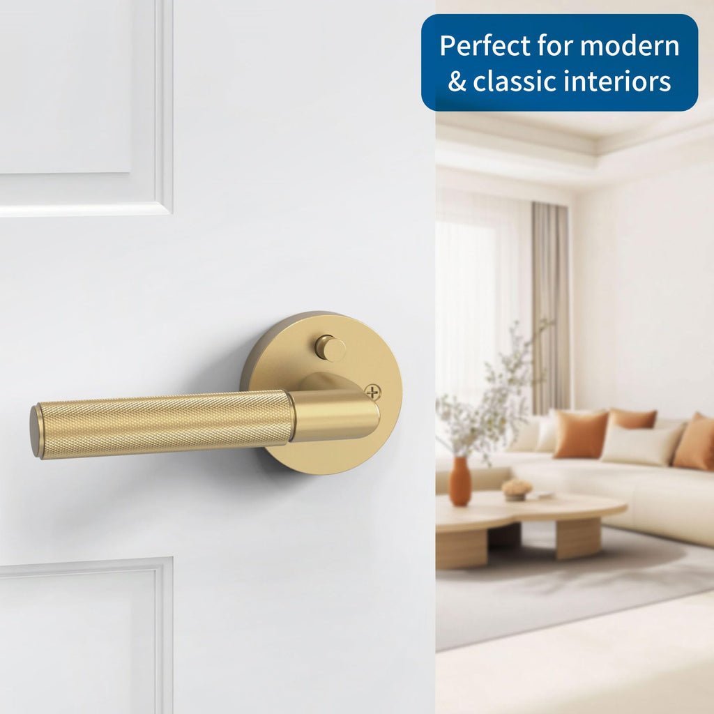 1 Pack Brushed Gold Knurled Interior Door Handle, Privacy Lock