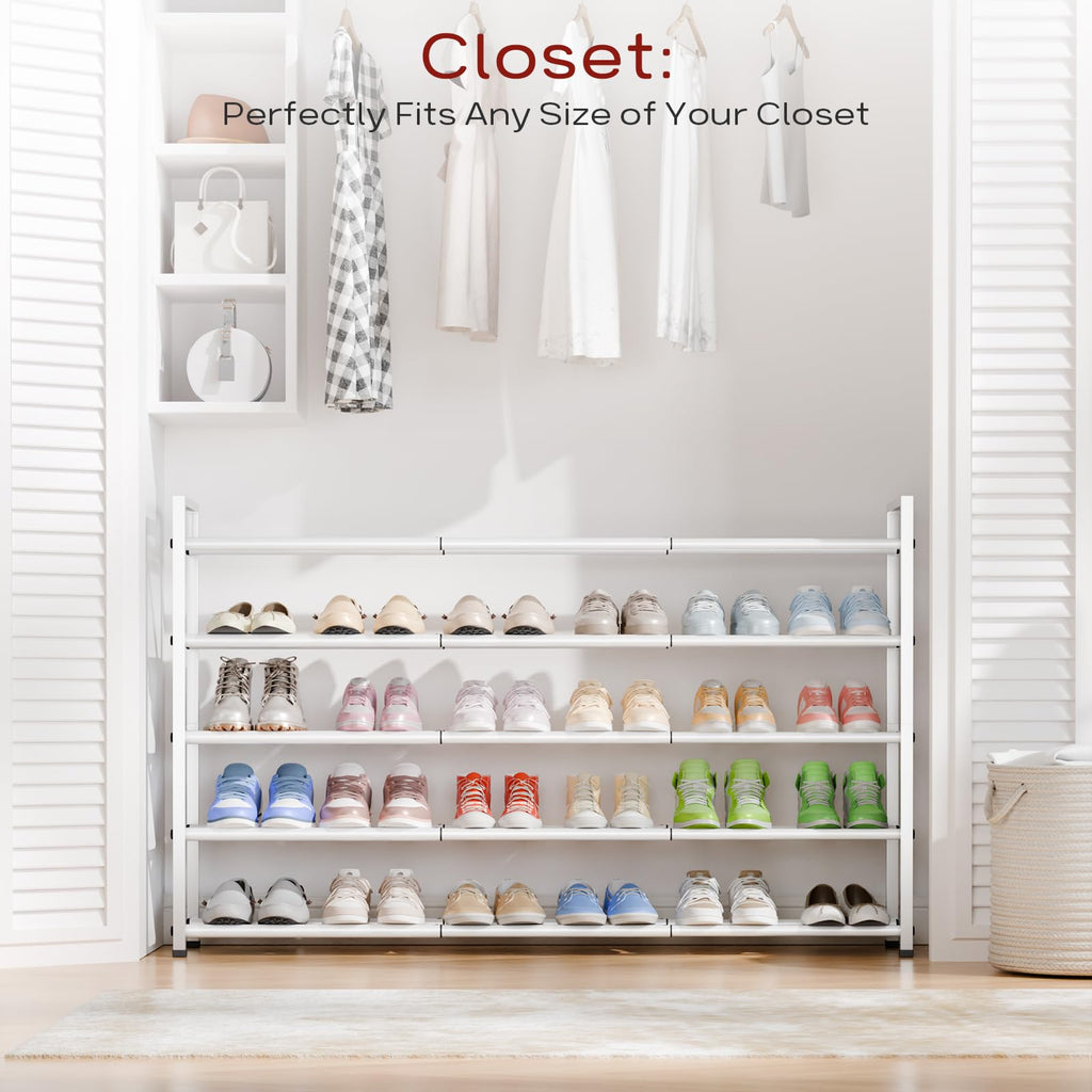 5 Tier Long Expandable Shoe Rack for Closet, White