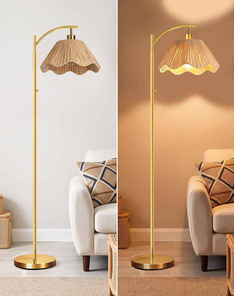 Arc Floor Lamp, Rattan Boho Floor Lamp with Hand-Woven Raffia Shade, Stepless Dimmable Rotary Switch, 63" Gold