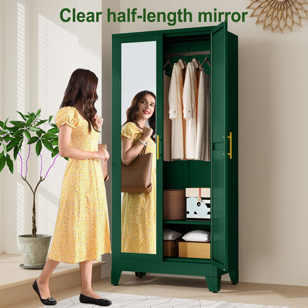 Metal Armoire Wardrobe Closet with 2 Mirror Doors, 71" Wardrobe Cabinet with Adjustable Shelves and Hanging Rod