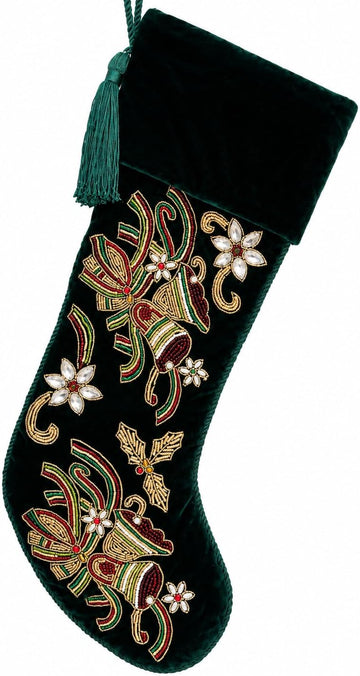 Christmas Stocking for Fireplace Mantel, Green Velvet Embroidered Holiday Stocking with Bird & Floral Design, Elegant
