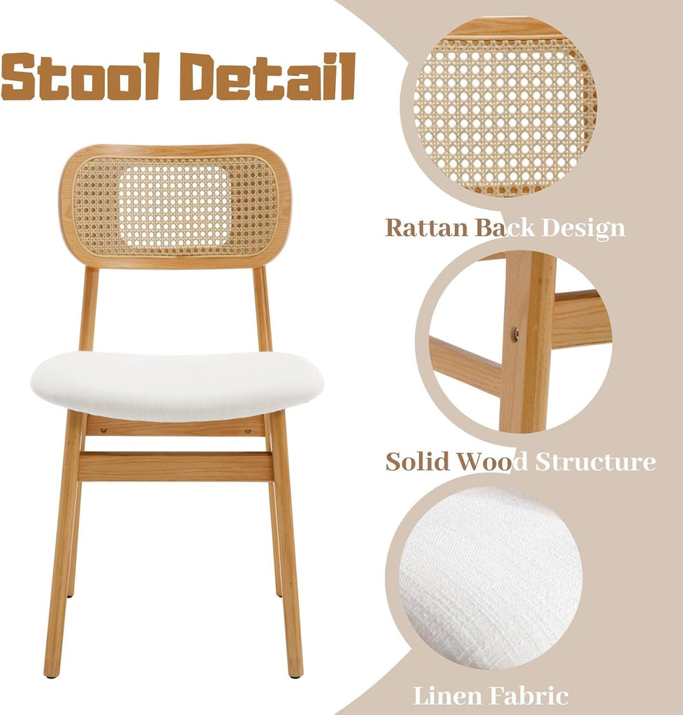 Rattan Dining Chairs Set of 4 Beige Linen Fabric Dining Room Chairs Natural Wooden Kitchen Chairs Farmhouse Boho