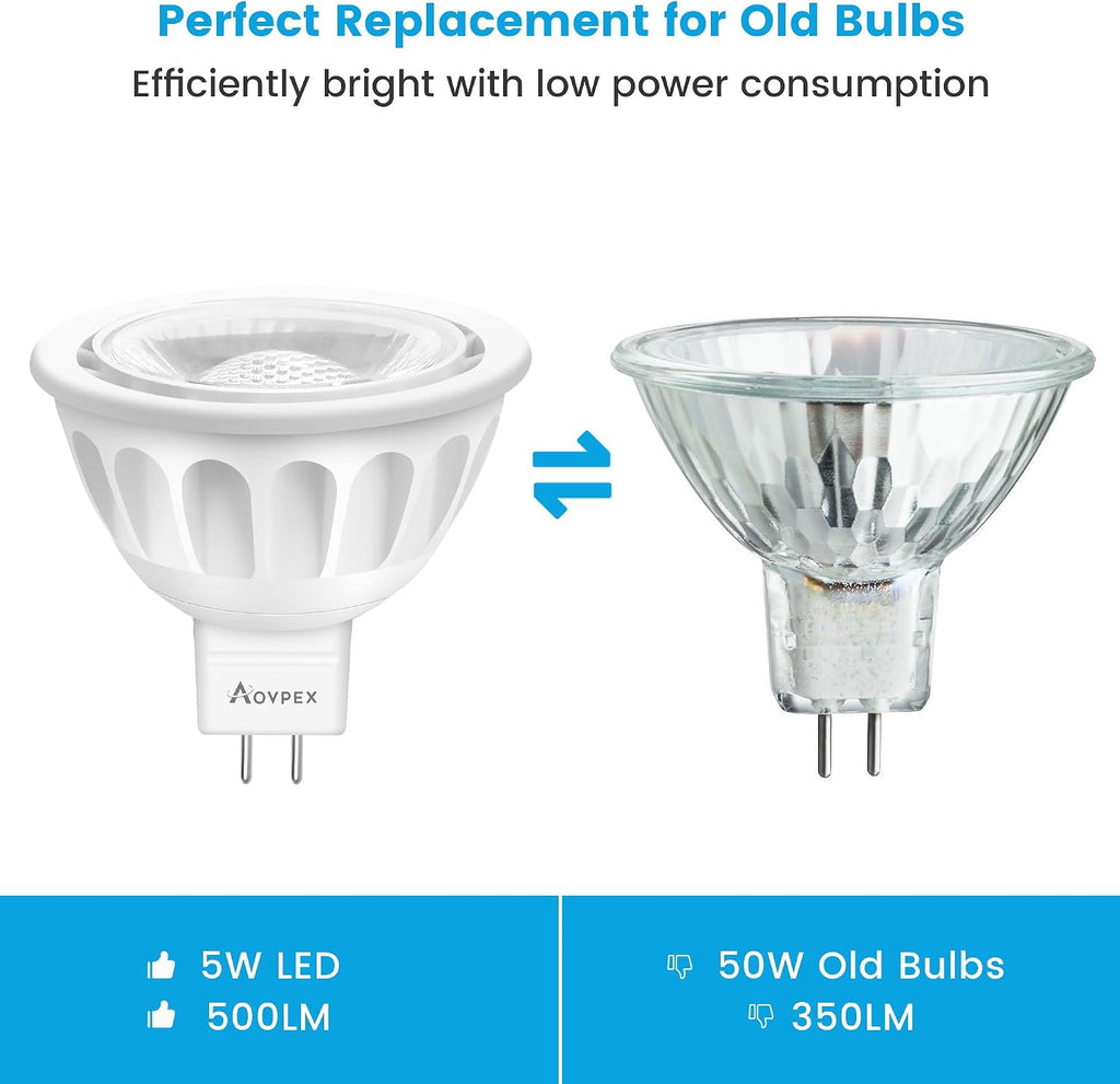 10 Pack Dimmable MR16 LED Bulbs, 12V 5W(50-Watt Equivalent), 3000K Warm White, GU5.3 Bi-Pin Base, 40-Degree