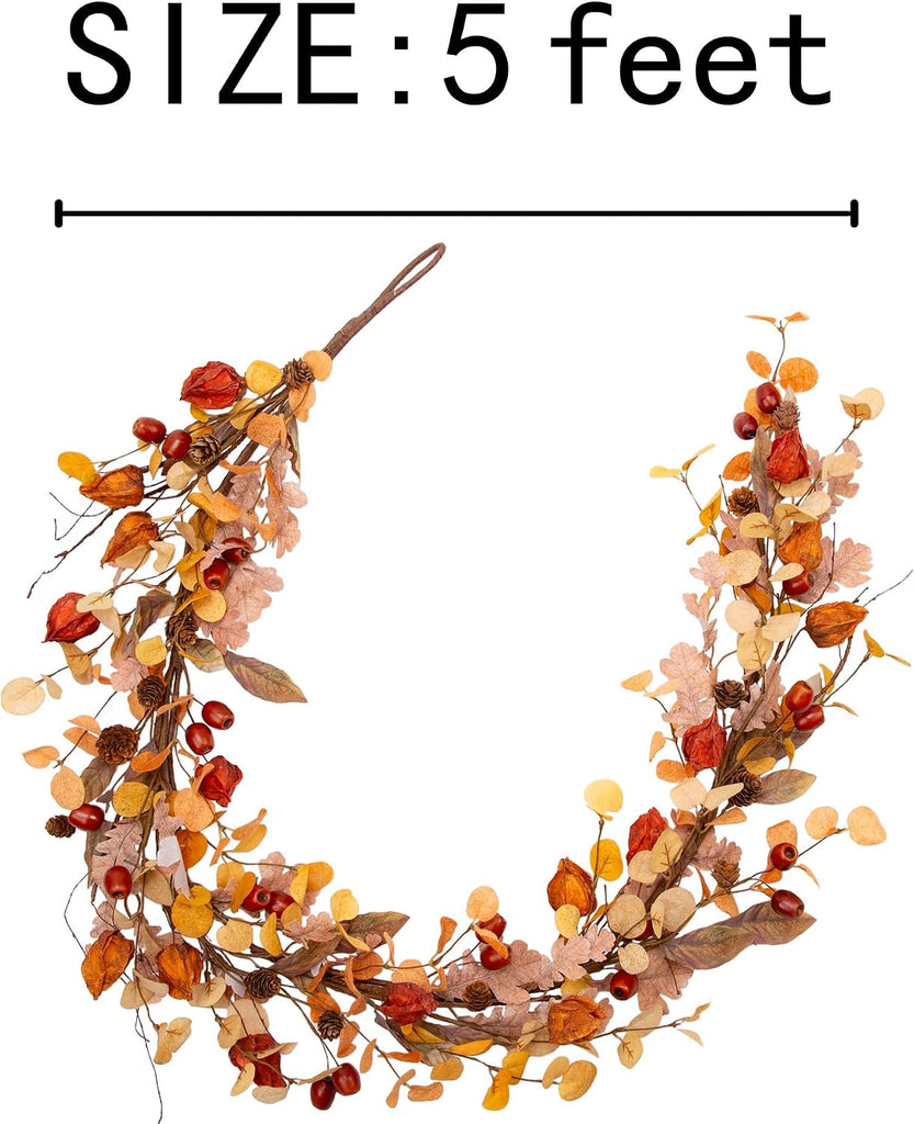 5 Feet Fall Garland Artificial Harvest Garland with Fall Leaves and Cape Gooseberries for Decorations