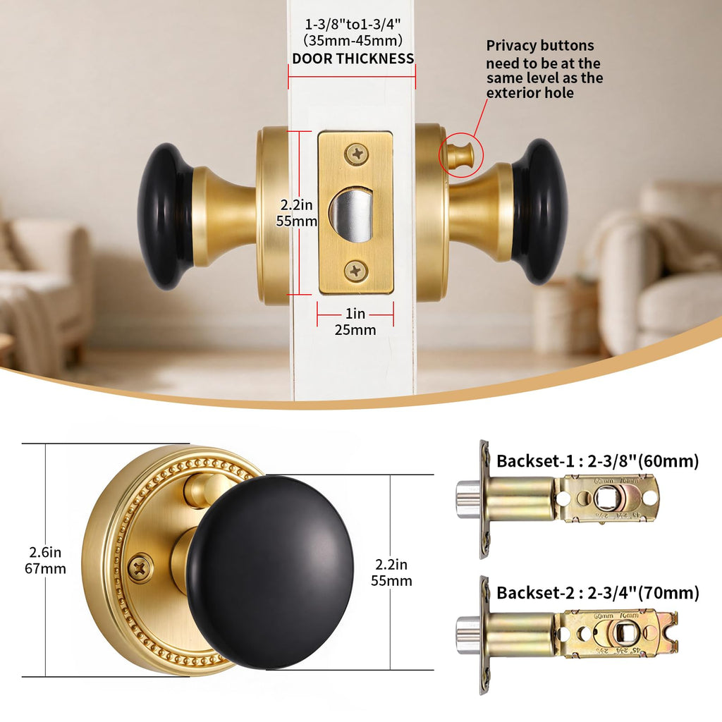 Black Porcelain Privacy Door Knob with Gold Base, 1 Pack