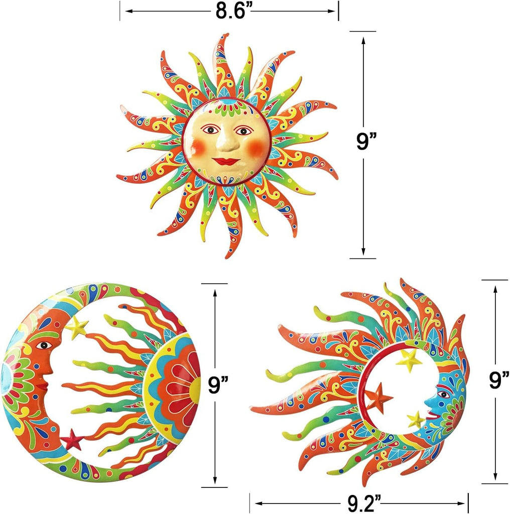 Sun Moon Sun Face Metal Wall Sculpture, Indoor Outdoor Garden Fence Decor - Set of 3