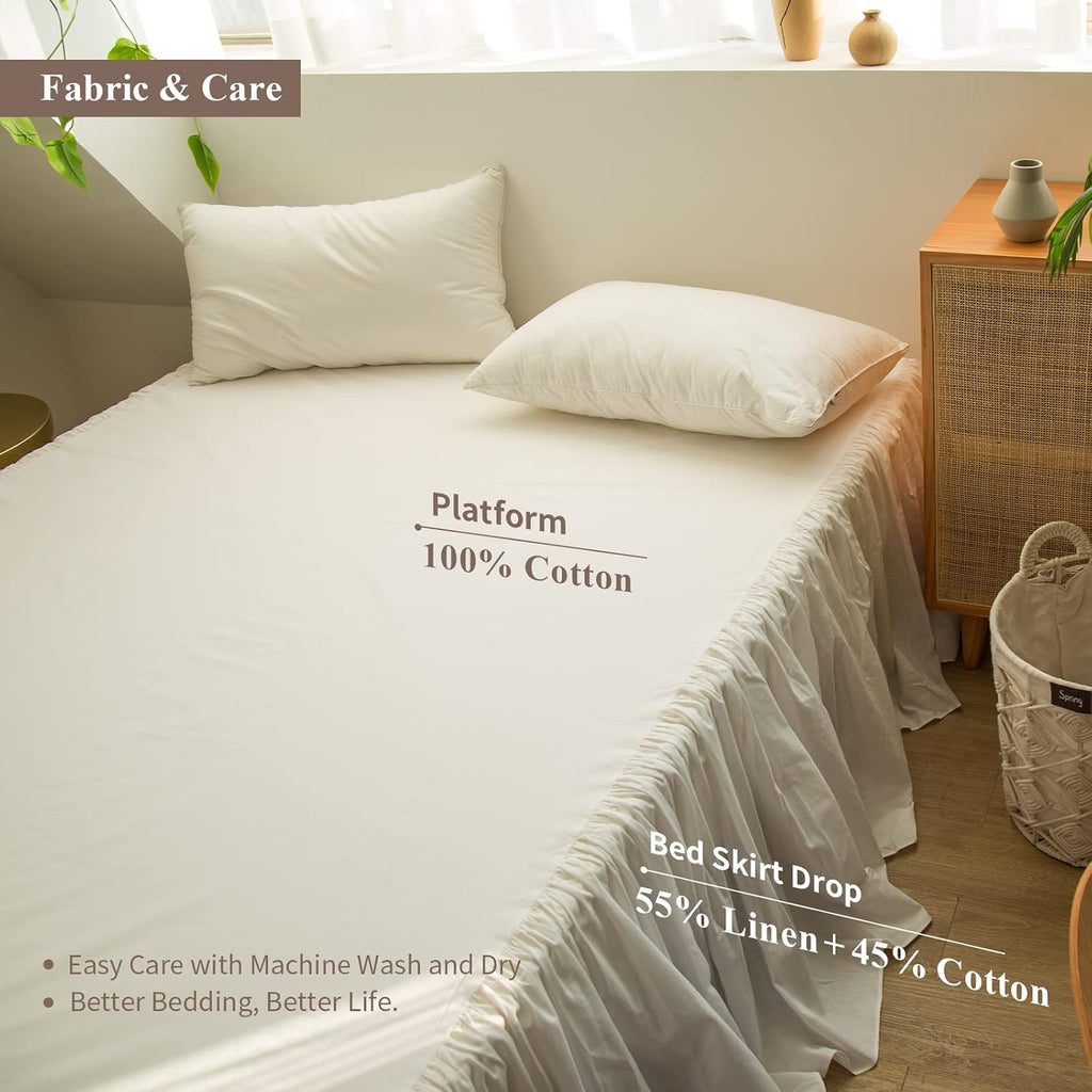 French Linen Bed Skirt with Pleated Frills 18-Inch Tailored Drop Natural Flax Cotton Blend Dust Ruffle Soft Cozy
