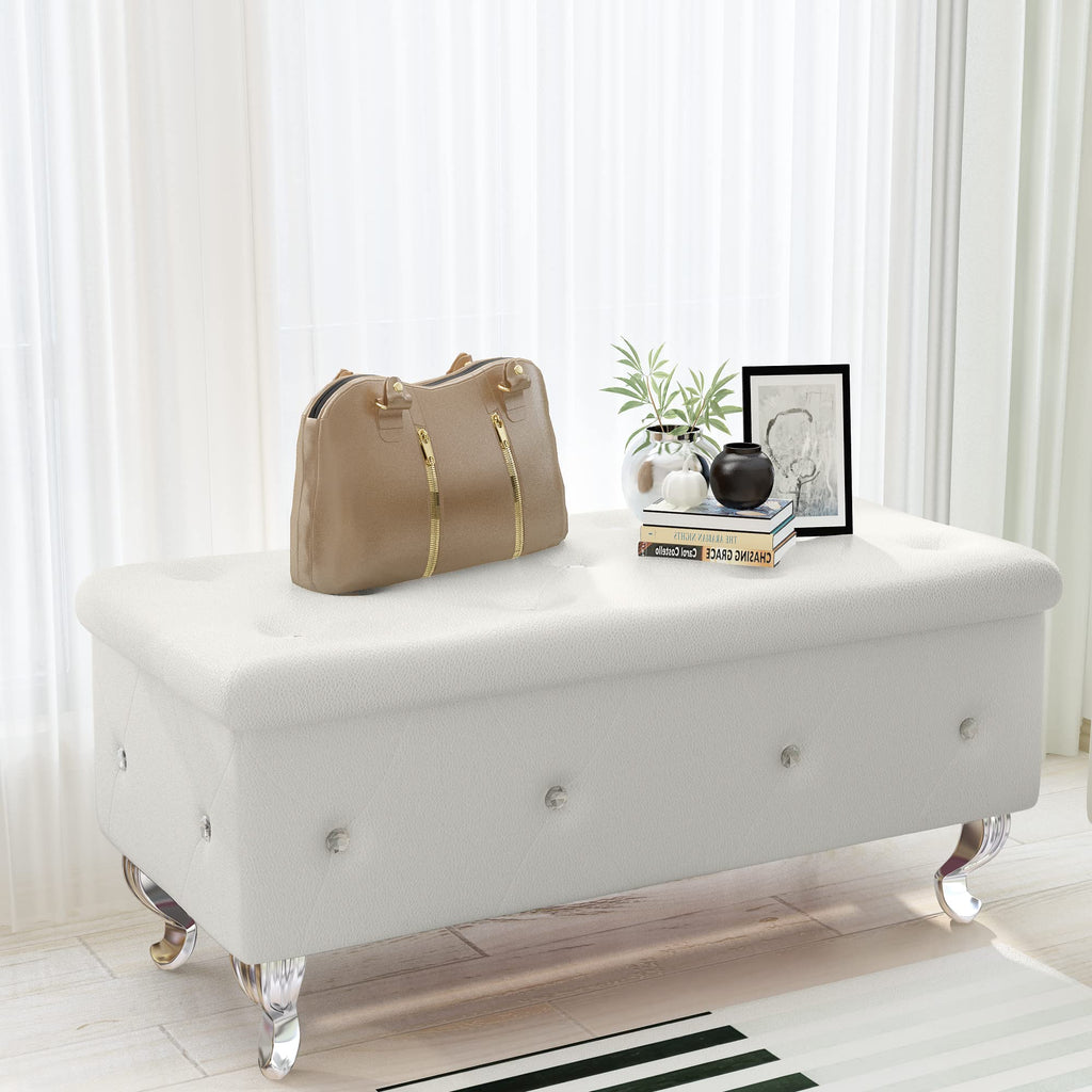 37.4 Inch Storage Ottoman Bench, Luxury Button Tufted Storage Bench with Safety Hinge, Upholstered Ottoman Footrest