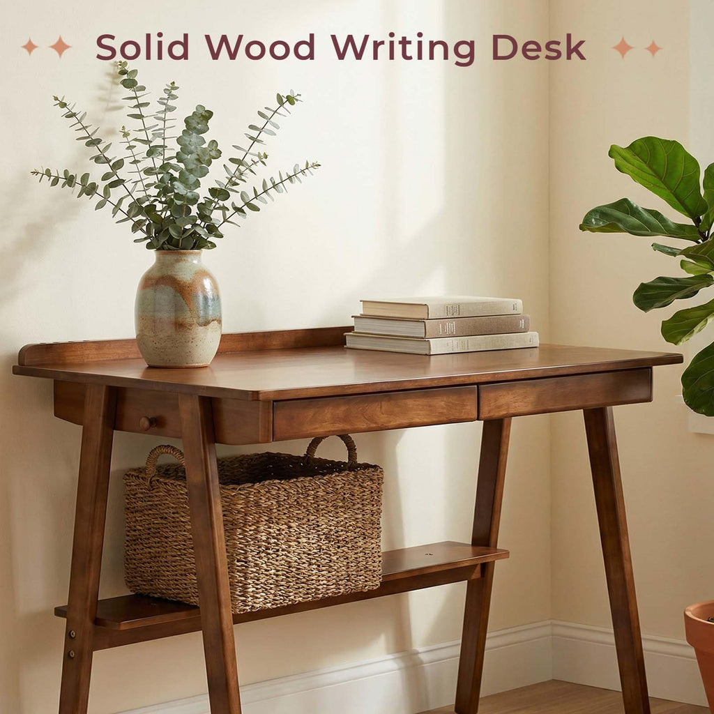 Solid Wood Writing Desk with Drawers, 47" Mid-Century Modern Walnut Desk with Storage Shelf and Side Hooks, Home