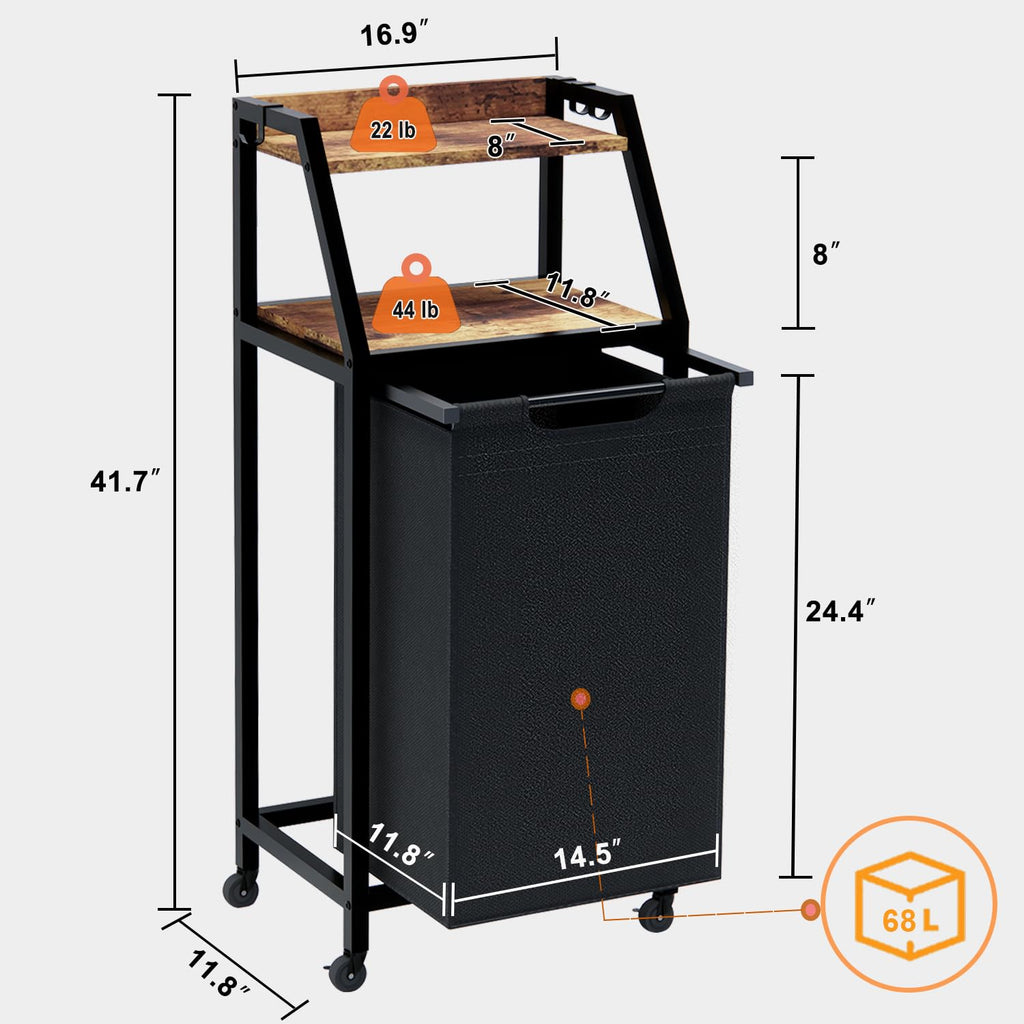 Laundry Hamper, Laundry Sorter, Rolling Laundry Basket with Wheels, 2 Shelves, 18 Gal(68L), Pull-Out and Removable