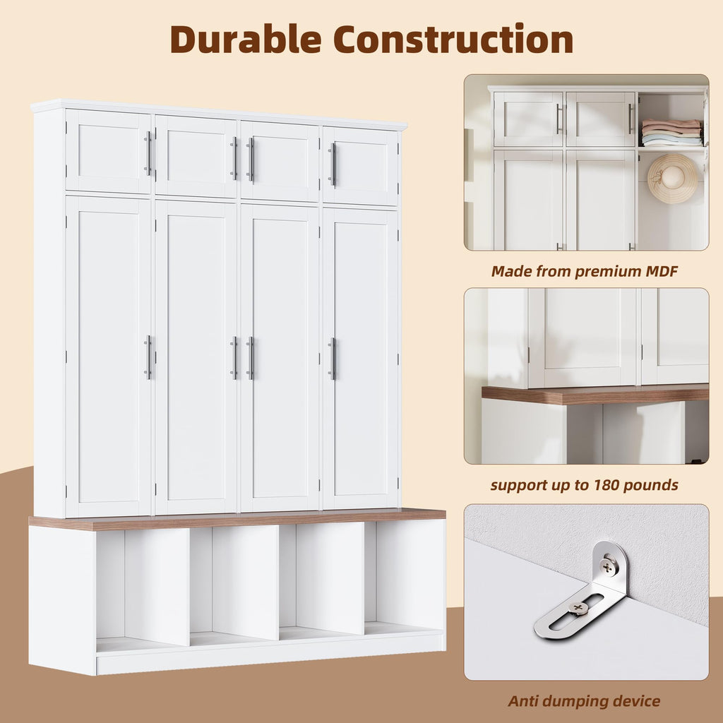 Farmhouse Hall Tree with Bench, 8 Doors & Hidden Hooks, White