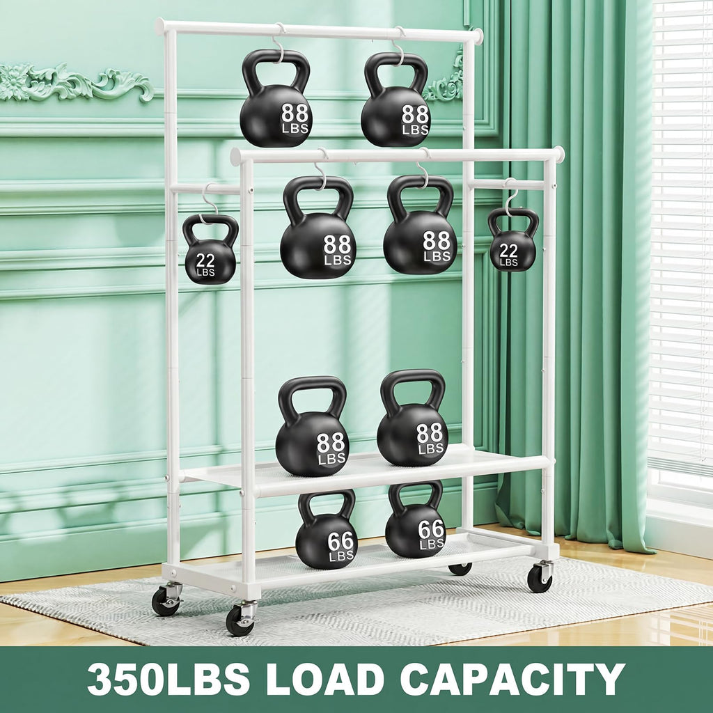 Double Rods Clothes Rack for Hanging Clothes, Heavy Duty Rolling Clothing Rack with Wheels, Freestanding Garment