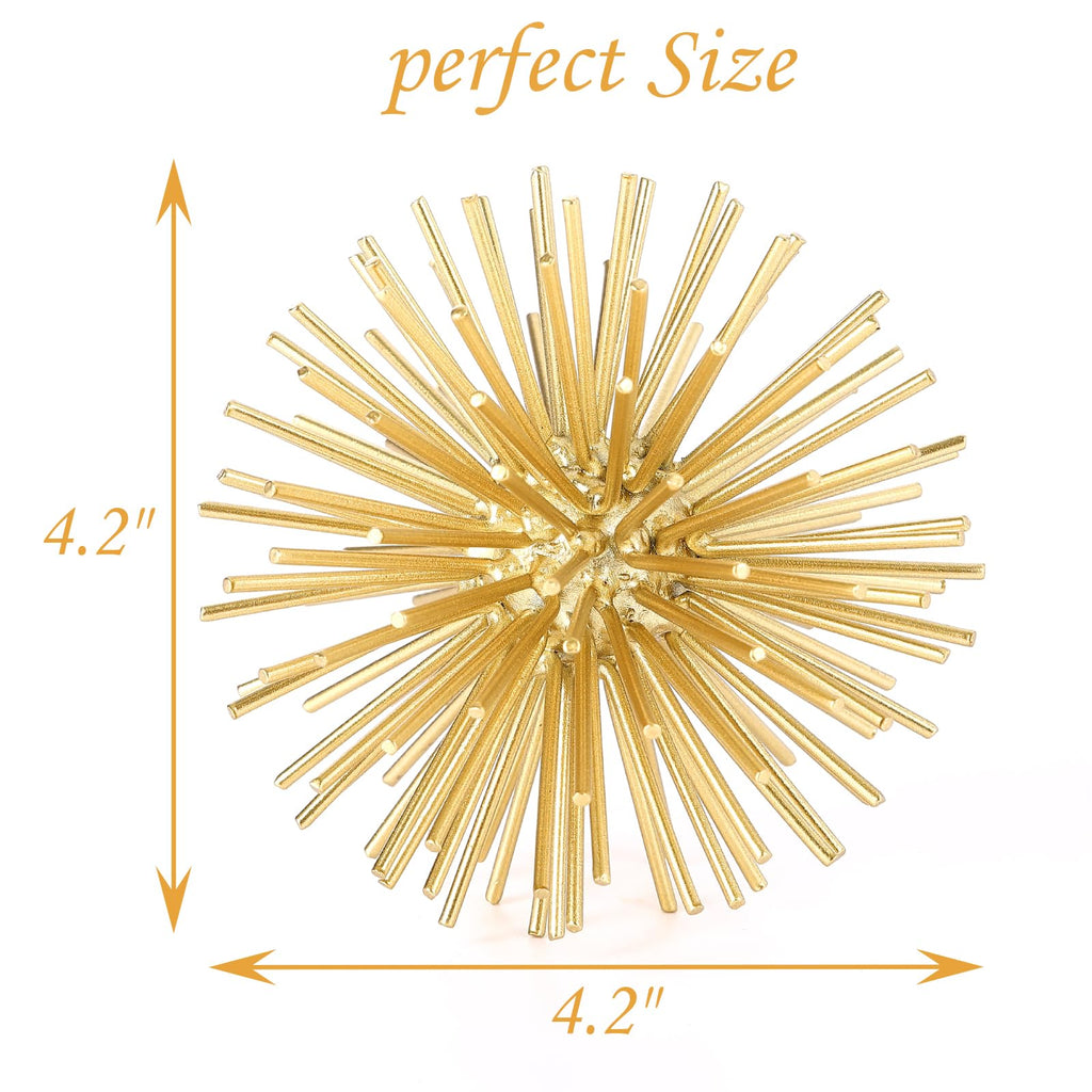 Gold Sphere Decor, Metal Gold Starburst Tabletop Sculpture Decor, Modern Metal Starburst Centerpiece, Spike Ball