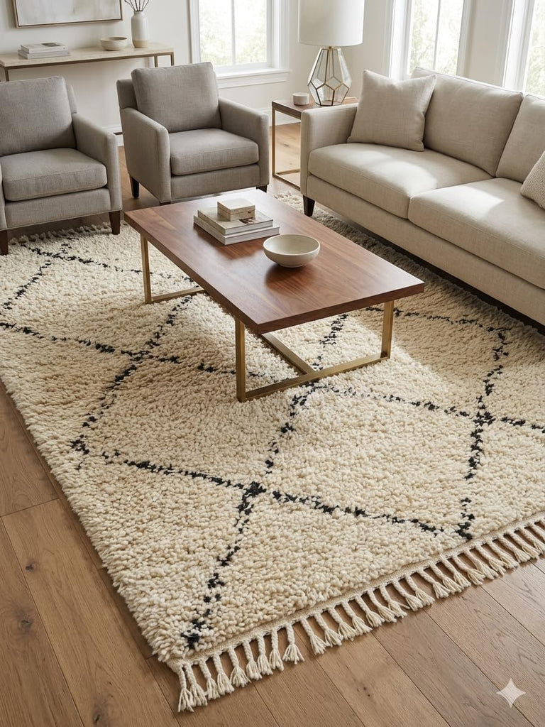Handmade Moroccan Berber Area Rug 6' x 9', 100% Wool High Pile Shag, Beni Ourain Style, Ivory/Cream with Charcoal