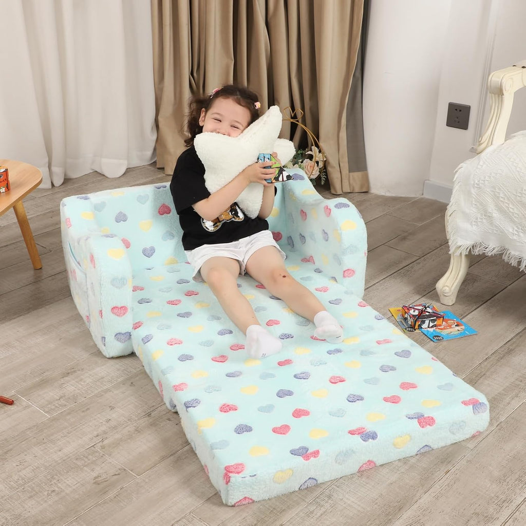 Kids Sofa Chair, Extra Wide in-1 Foldable Couch,Plush,Lake Blue