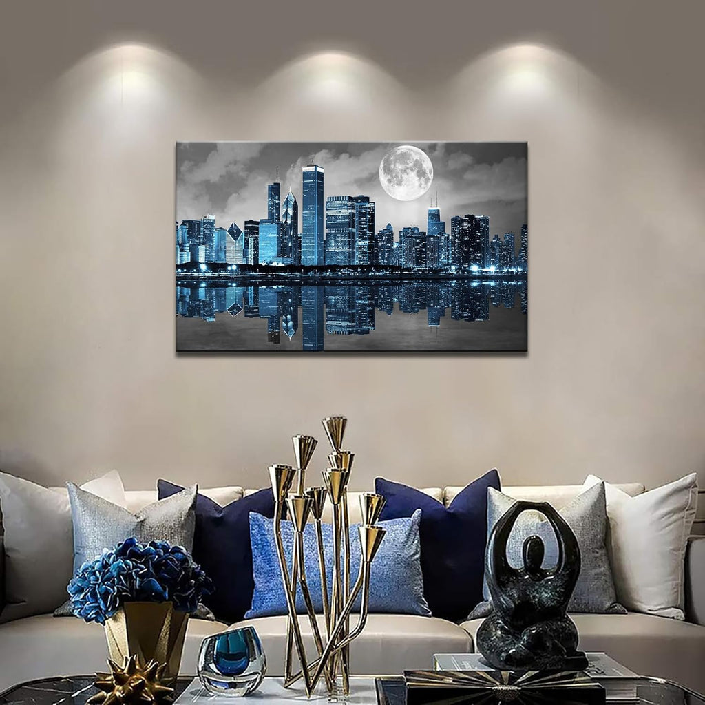 Black White Blue City Wall Art Chicago Pictures Decoration Moon Night Cityscape Skyline Canvas Painting Prints Framed