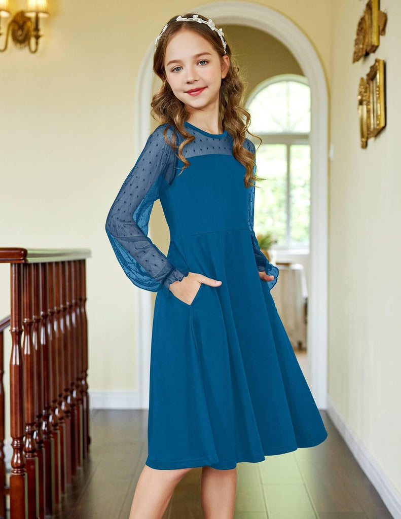 Girls's Contrast Mesh Puff Long Sleeve Party Dress with Pockets