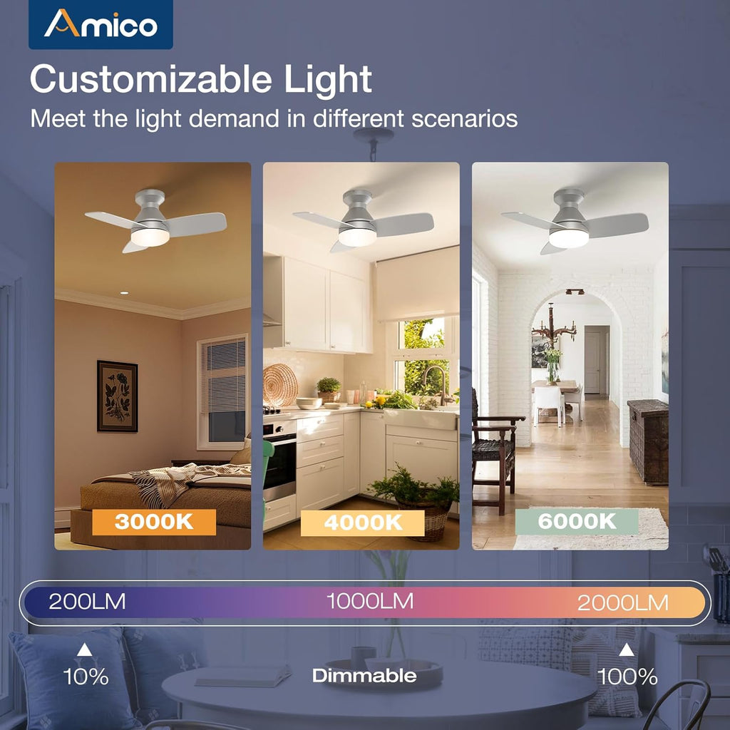 Ceiling Fans with Lights, 30 Inch Low Profile Ceiling Fan with Light and Remote Control, Flush Mount, Reversible, 3CCT, Dimmable, Noiseless, Silver Ceiling Fan for Bedroom, Indoor/Outdoor Use A102-B0D87CP87Y