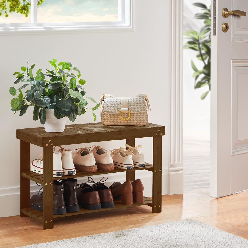 3 Tier Bamboo Shoe Rack Bench, Yellow Brown