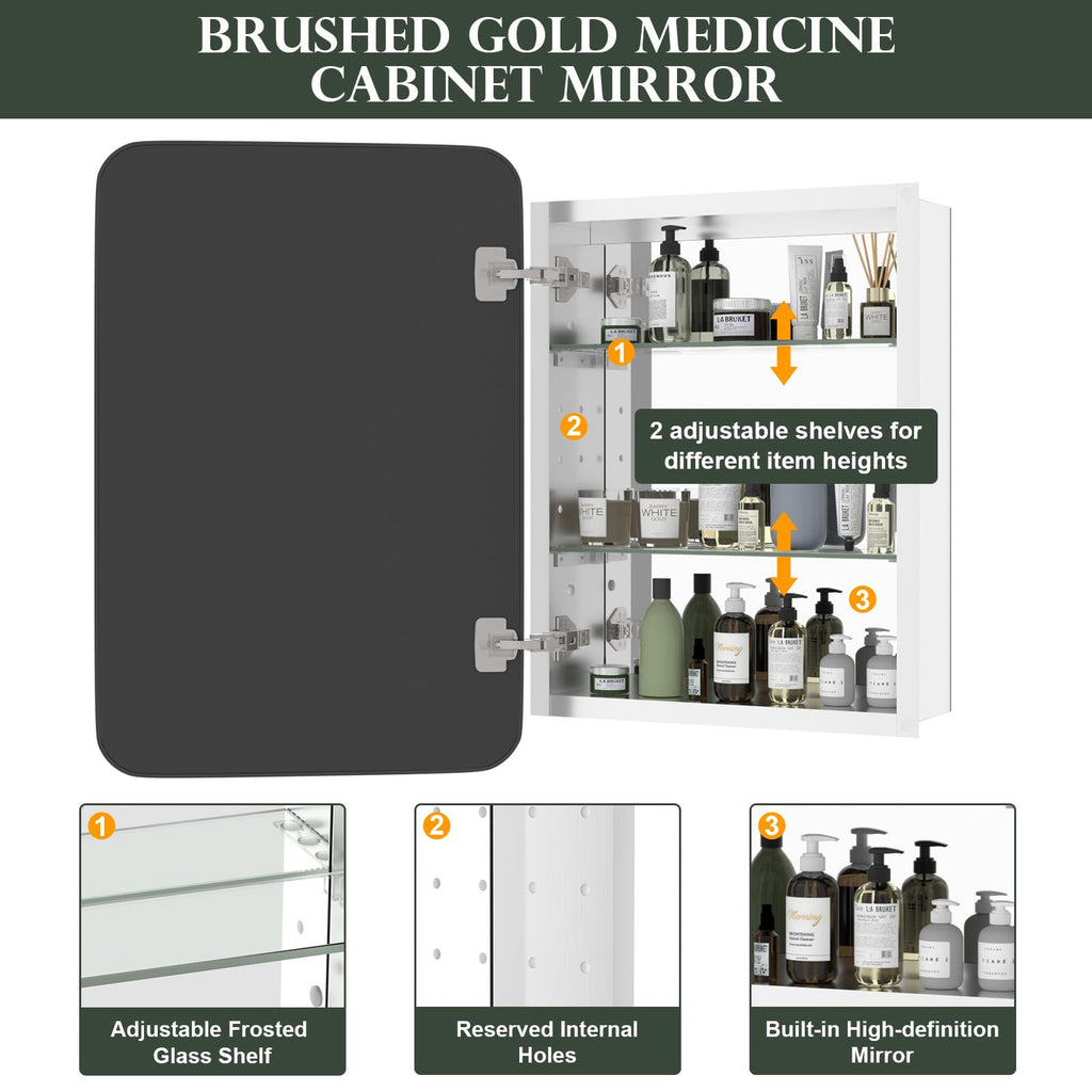 WallByond Bathroom Medicine Cabinet with Mirror, 16x24 Inch Black Recessed Medicine Cabinet with Round Corner