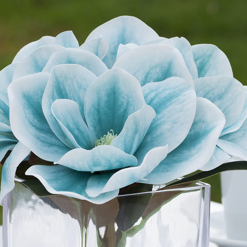 Floral Artificial Real Touch Magnolia Faux Flowers Arrangement in Cube Glass Vase with Faux Water Wedding (Blue)