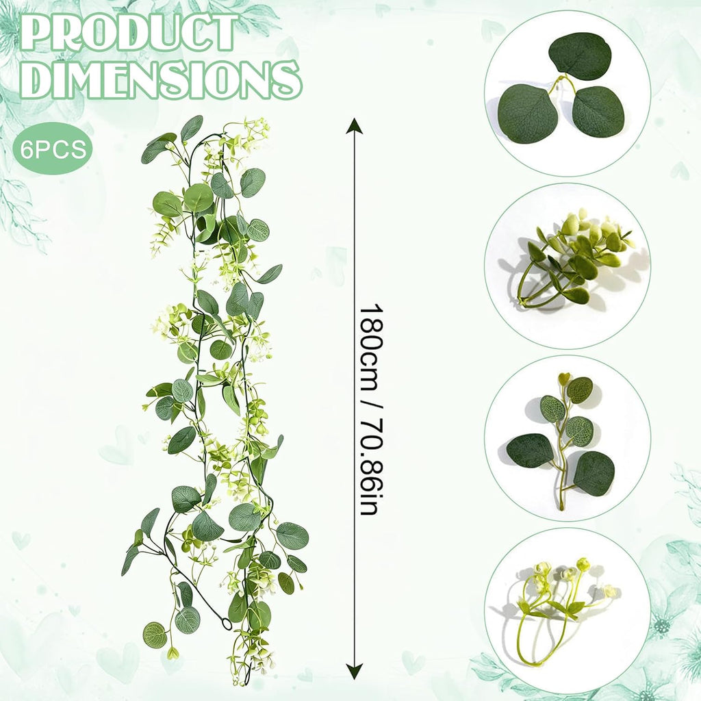 Artificial Eucalyptus Garland 6.2 Long Faux Silk Leaf Eucalyptus Leaves Vines Greenery Garland with White - Set of 6