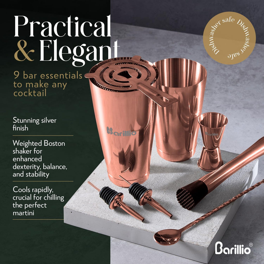 Rose Gold Boston Shaker Set - Stainless-Steel, Weighted Martini Cocktail Shaker Set w/Strainer & Mixer - Mixology - Set of 9
