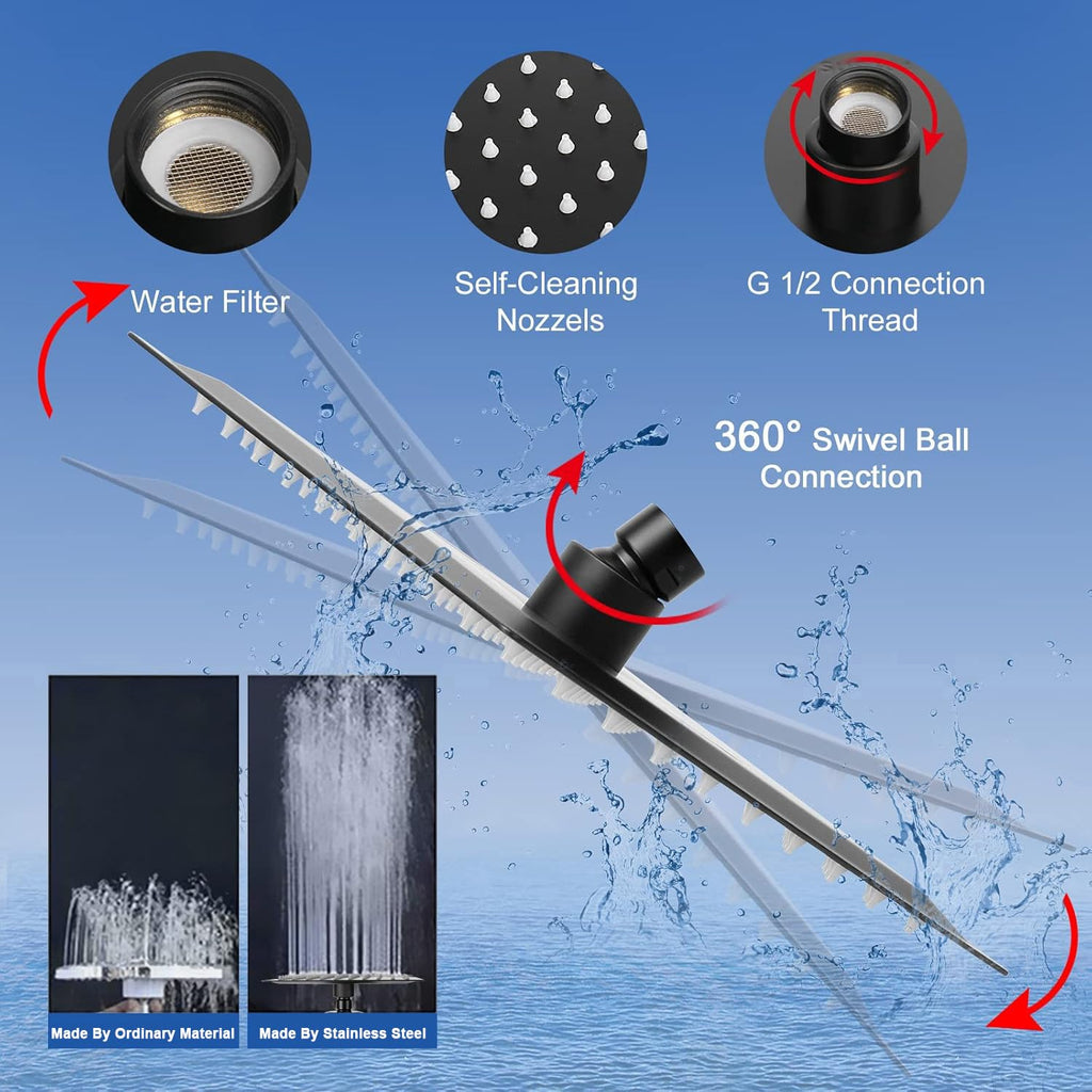 Filtered Rain Shower Head, High Pressure 8′′Square, and 5 settings Handheld Shower Filter Combo with Self-adhesive