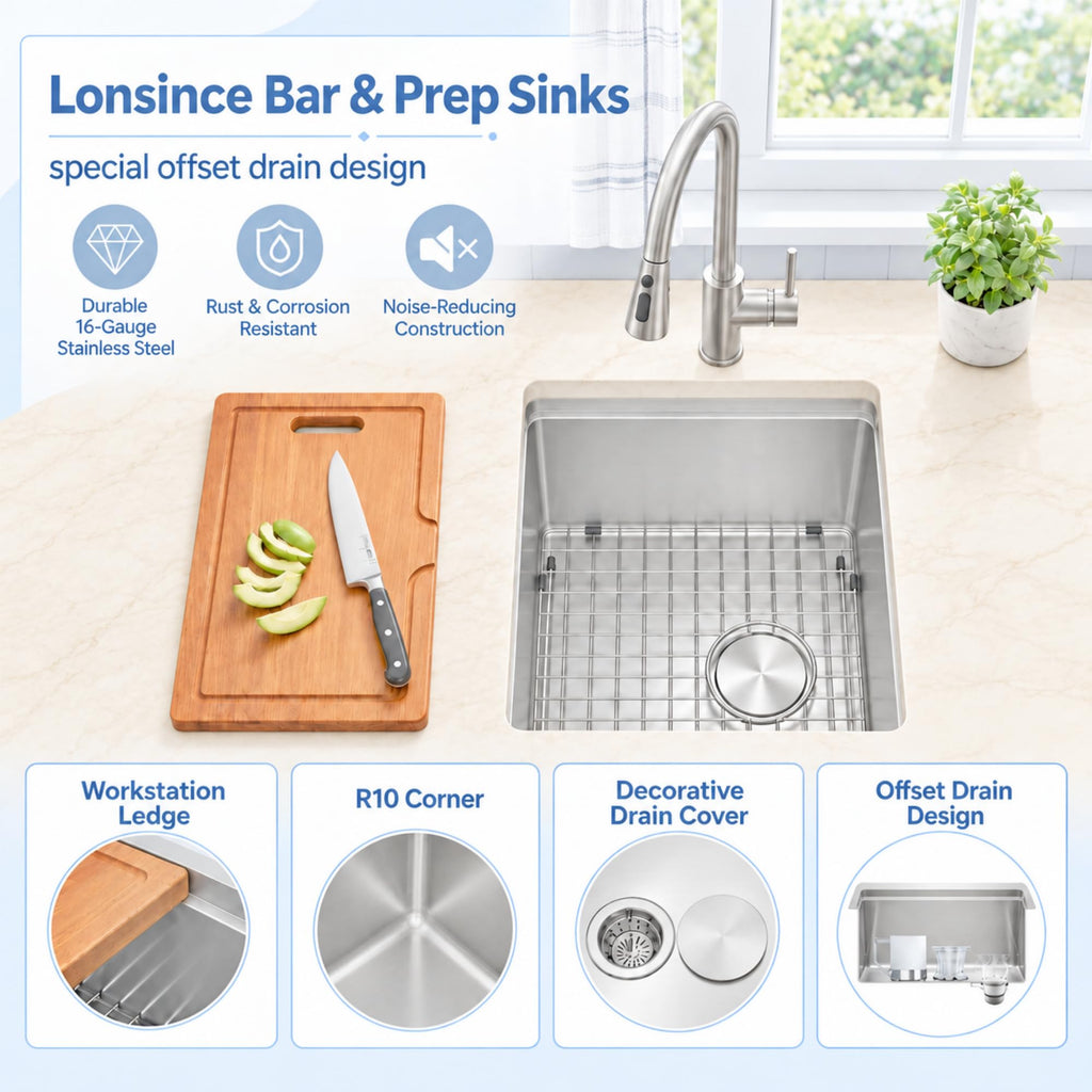 Undermount Bar Sink 16" X 18", Wet Bar Prep Sink with Workstation