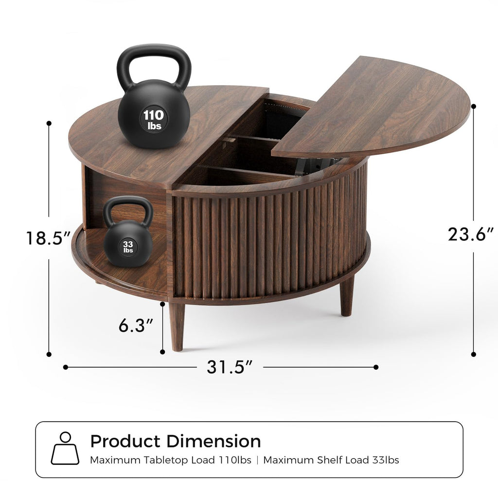 Lift Top with Storage, Fluted Round Center Table with Sliding Cabinet Door, Small Circle Table, Walnut