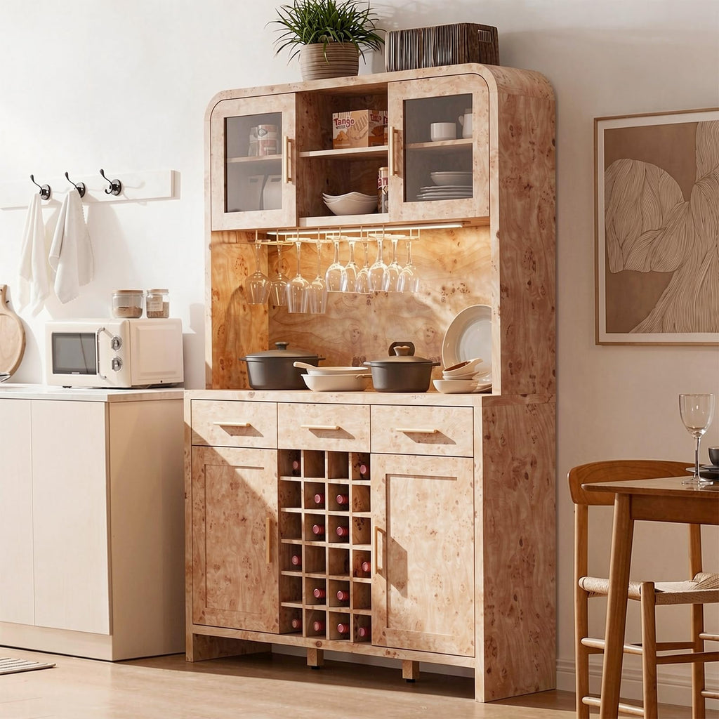 77" Tall Pantry Cabinet & Coffee Bar Cabinet with Storage, Light Burl, 2 Pcs