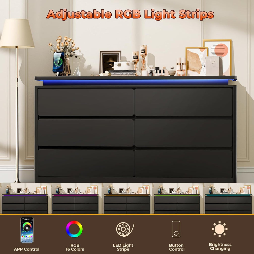 6 Drawer Dresser , 47.2" Black Chest of Drawers w/LED Lights | Double Wooden Closet Storage Cabinet with Charging