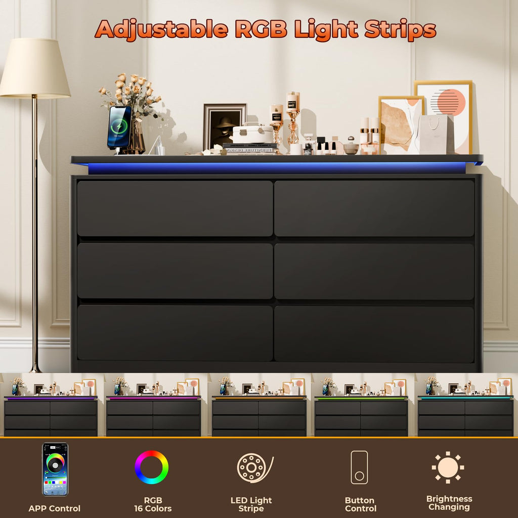 Upgraded 6 Drawer Black Dresser, 47.24" Long Chest of Drawers with Charging Station & LED Lights, Wooden Storage