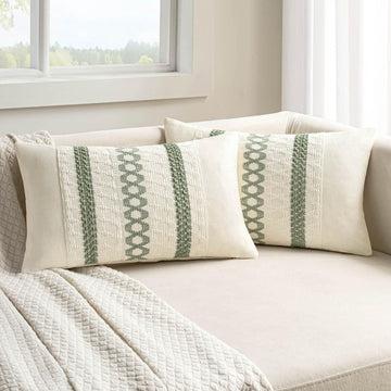 Set of 2 Sage Green Boho Decorative Lumbar Pillow Covers 12x24 Inch