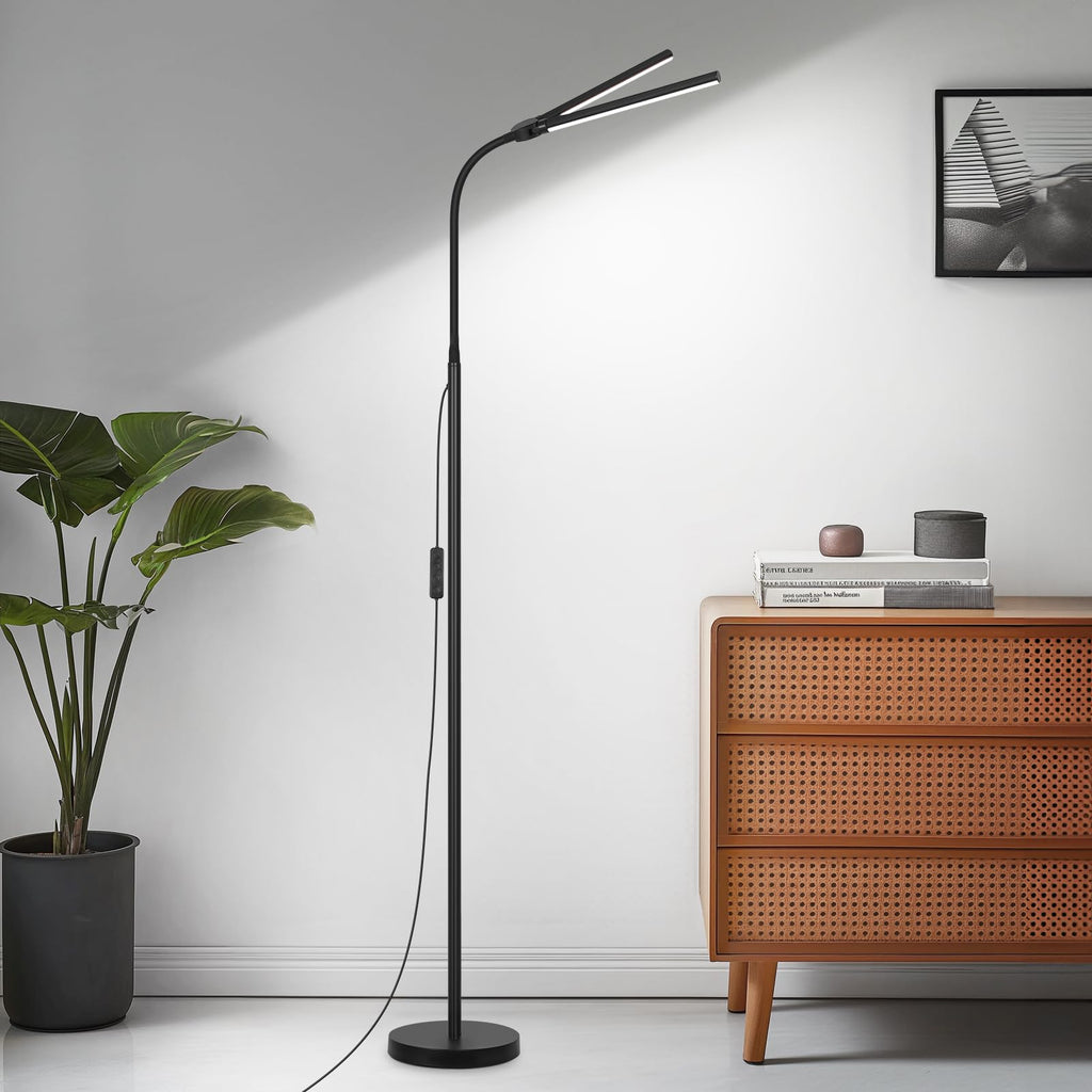 LED Floor Lamp, 18W/2000LM Bright Reading Floor Lamp with Double Head, Adjustable Gooseneck Dimmable Modern Standing