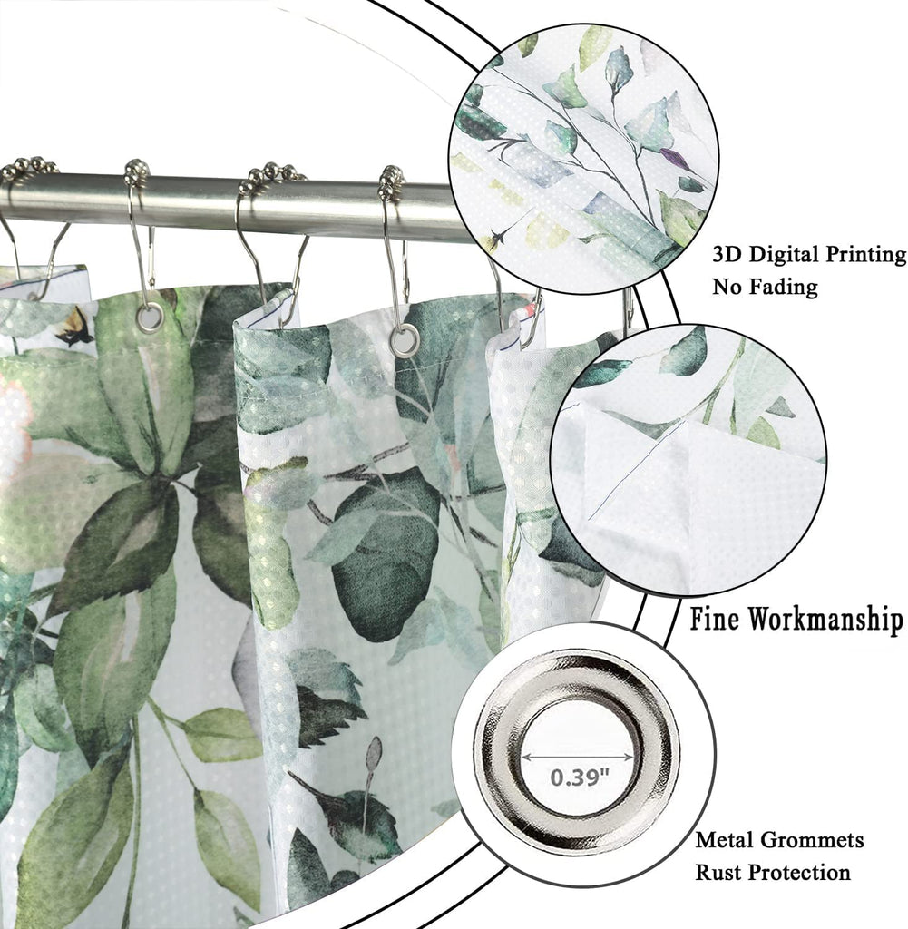 Eucalyptus Leaf Waffle Textured, Weighted Bottom Watercolor Green Leaves on The Top Plant with Floral Bathroom
