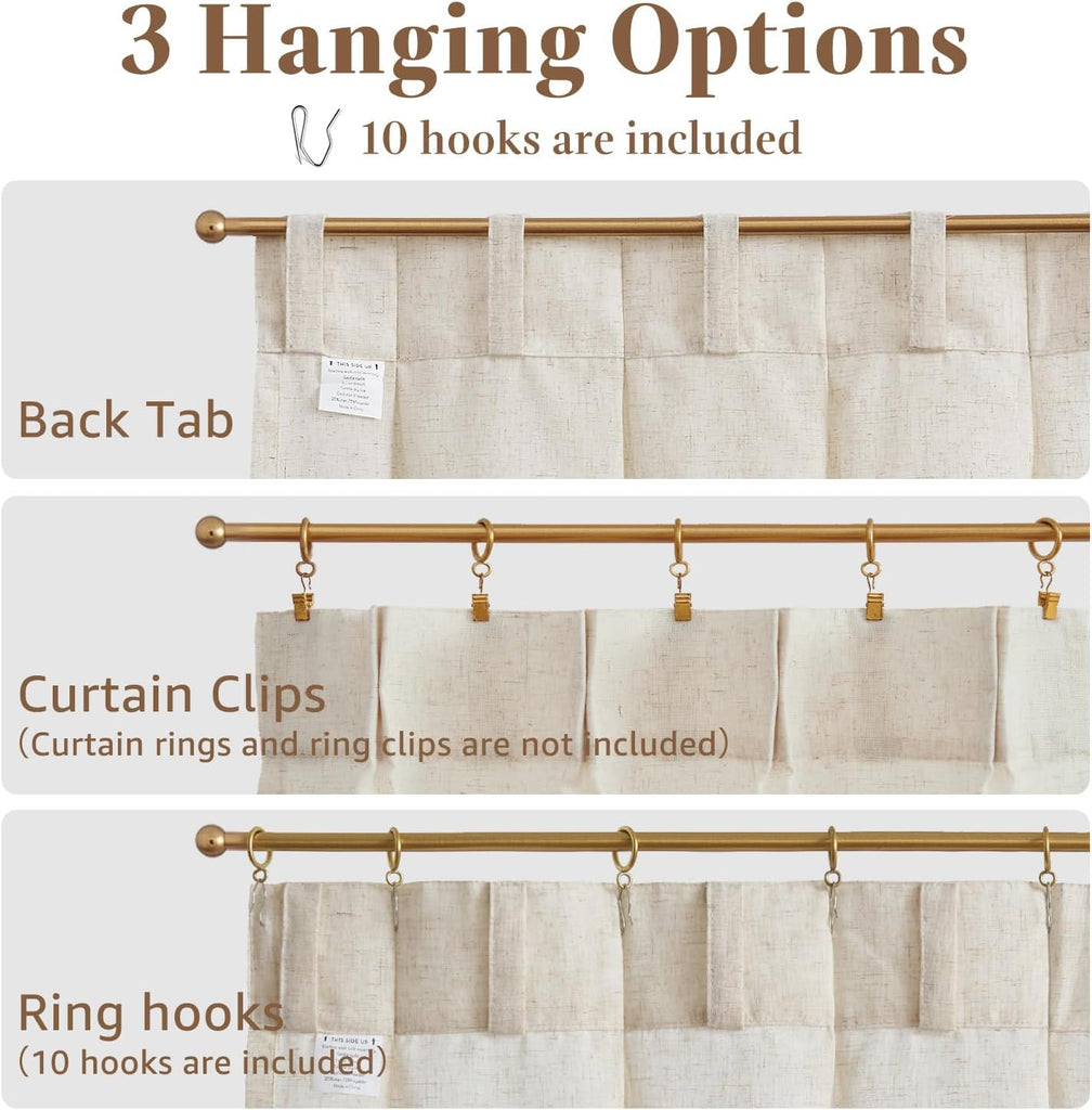 Linen Pinch Pleated Kitchen Curtains 24 Inch 2 Panels Natural Linen Tier Curtains Back Tab Beige Farmhouse Cafe Light
