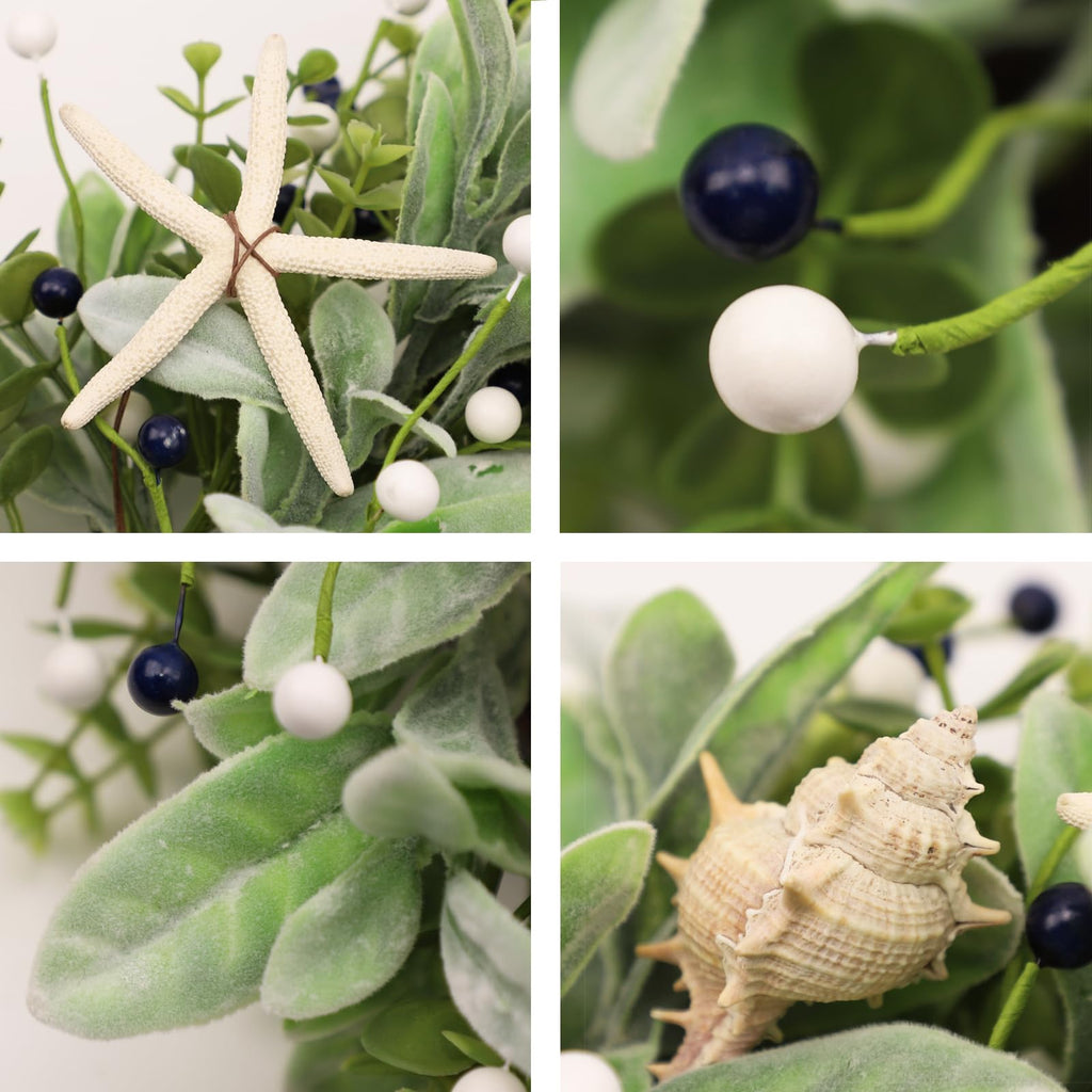 22 Inch Coastal Summer Beach Wreaths for Front Door, Artificial Eucalyptus Greenery Wreath with Starfish Conch