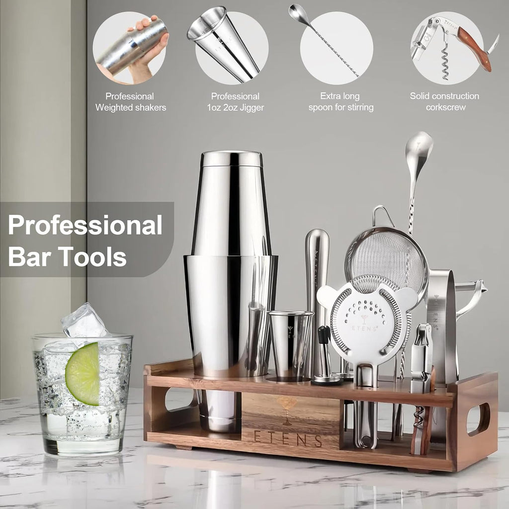 Premium 15-Piece Mixology Bartender Kit - Stainless Steel Cocktail Shaker Set with Wooden Stand | Professional Boston - Set of 15