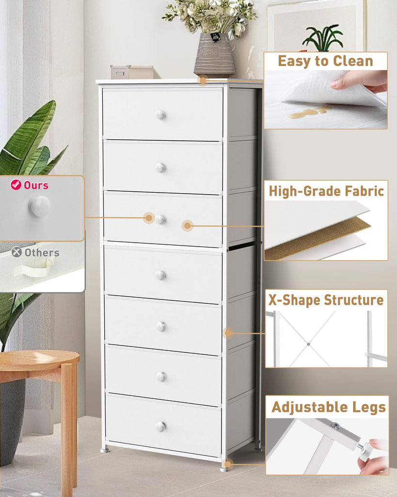 Tall Fabric Dresser, Vertical Storage Organizer Tower with 7 Drawers, Chest of Drawers with Bins, Steel Frame, Wood