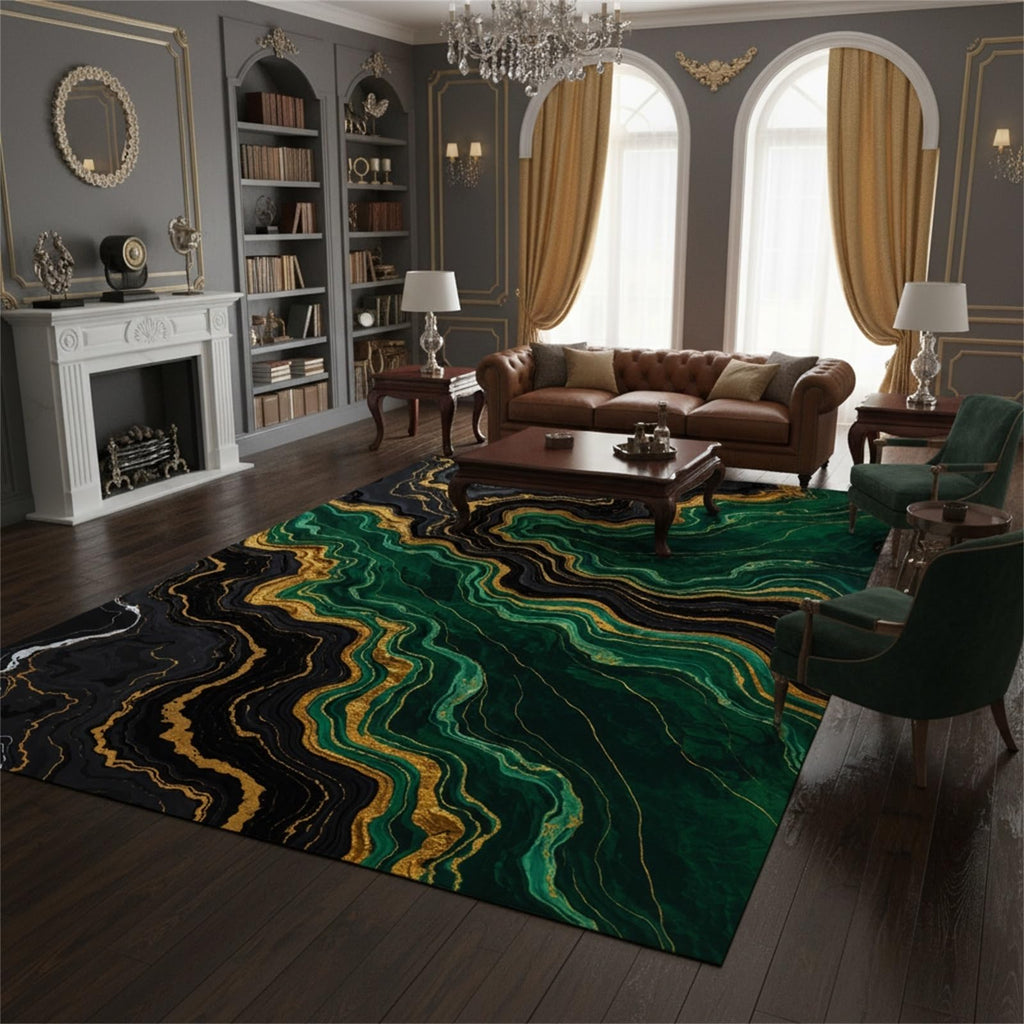 Emerald Green Black Gold Modern Abstract Marble Pattern Large Rugs Bedroom Dining Room Art Deco Aesthetic Unique