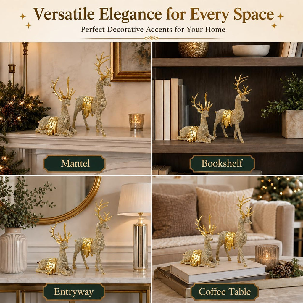 Gold Reindeer Figurines Set of 2 for Christmas Tabletop Decor