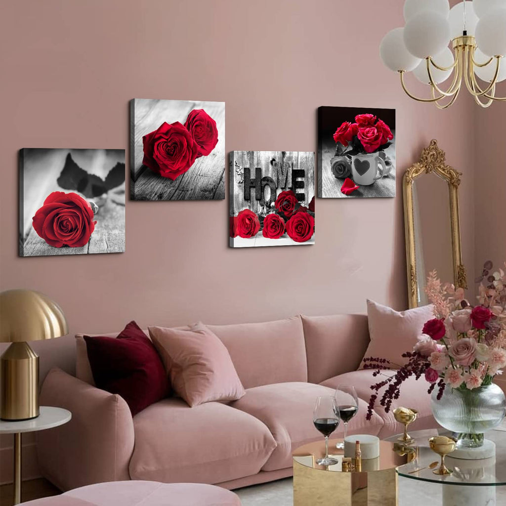 Rustic Rose Floral Canvas Wall Art Red and Black Bathroom Decor Romantic Flower Poster Pictures Girls Bedroom Over