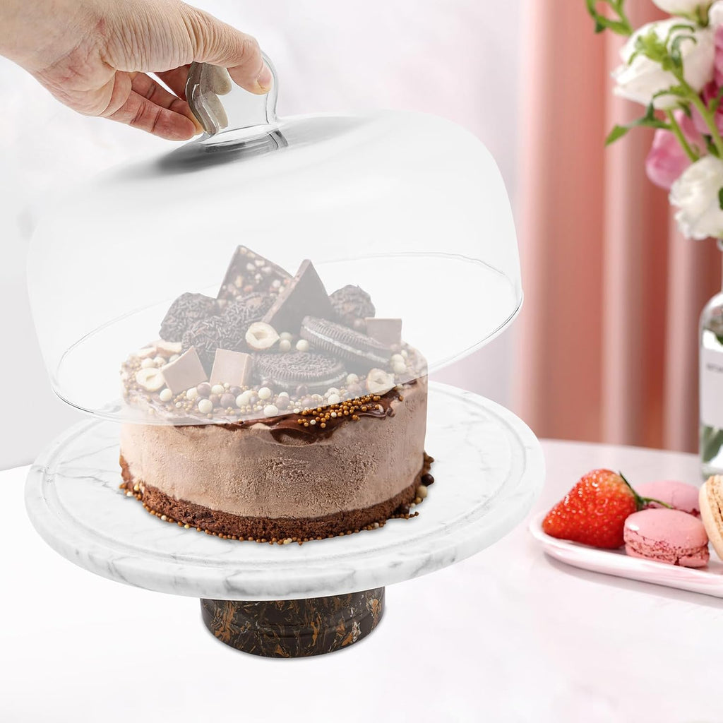 Marble Cake Stand with Dome Lid, 11.8In Diameter Groove Design 44LBS Bearing Nordic Polishing Marble Texture