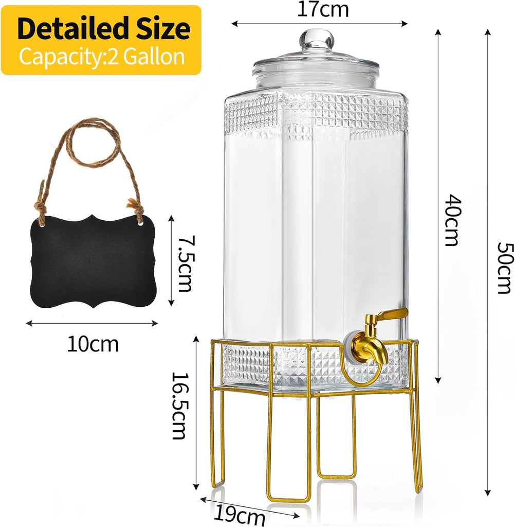 Drink Dispenser,2 Gallon Drink Dispensers for Parties,Beverage Dispenser with Stand,Glass Lid and Stainless Steel