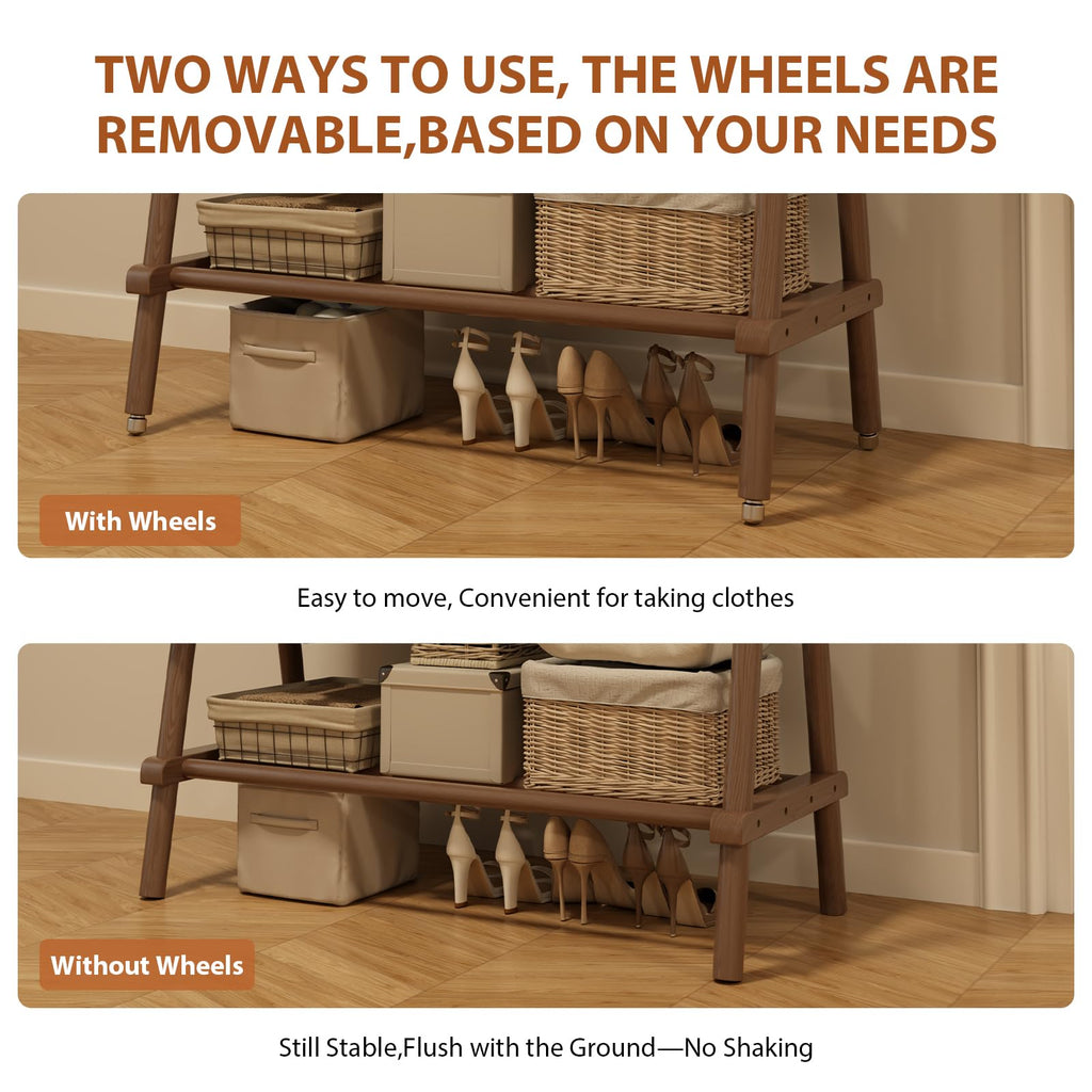 Solid Wood Clothing Rack On Wheels for Hanging Clothes, Walnut