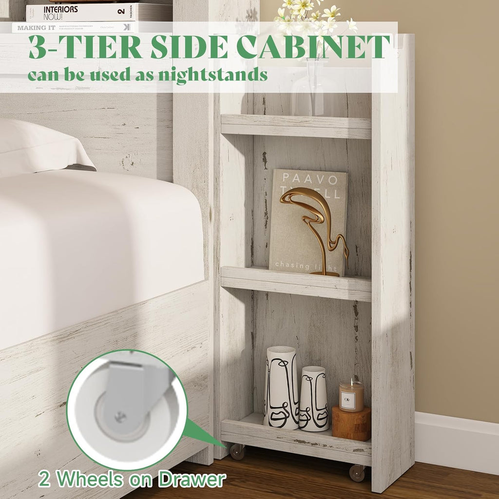Queen Bed Frame with 4 Storage Drawer, LED Bed Frame with 49.6" Tall Bookcase Headboard, Wood Platform Bed with
